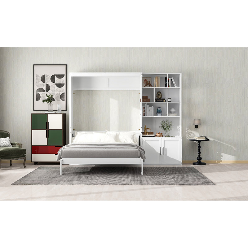 Lit double avec plusieurs tablettes de rangement et armoire, blanc - Fonction contemporaine unie dans la chambre à coucher