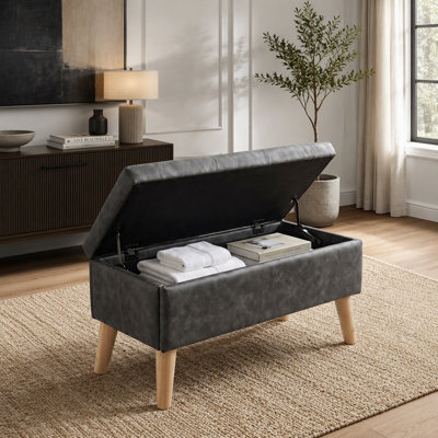 Banc coffre avec plateau intégré, pouf de rangement carré pour un espace de rangement supplémentaire, repose-pieds rembourrés et banc de bout de lit, idéal pour le salon, la chambre à coucher, pour s'asseoir et se détendre, style moderne