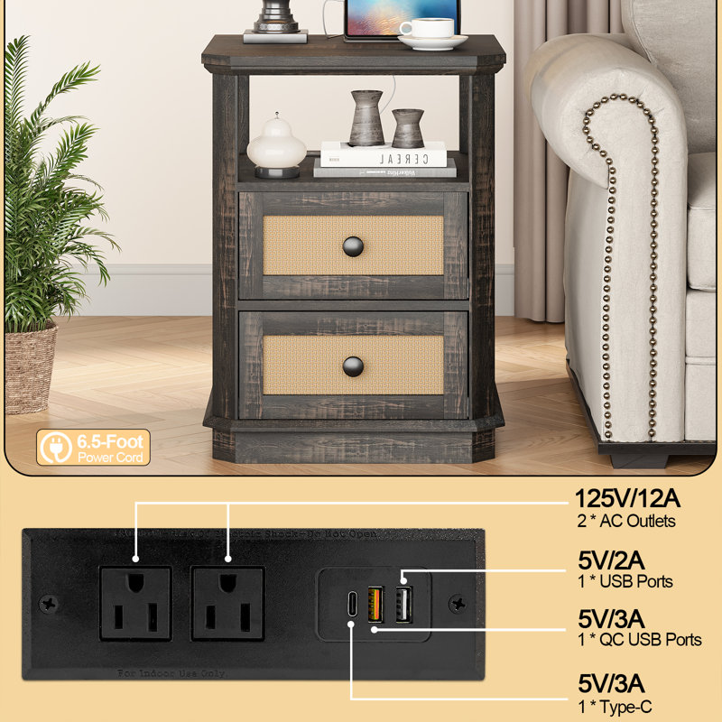 Rattan Nightstands with Storage and Built-in Fast Outlets for Bedroom,2 Drawer Night Stands for Living Room, Rustic Oak