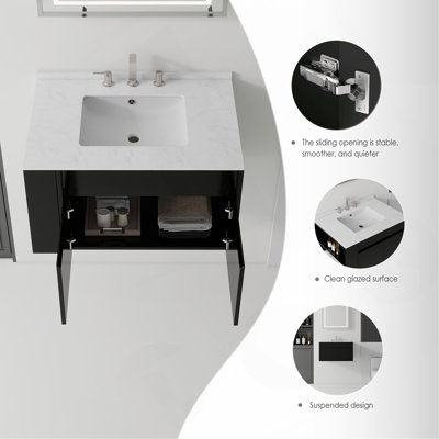 Meuble-lavabo suspendu de 91 cm avec lavabo, porte à fermeture amortie, comptoir et dosseret en marbre synthétique blanc de Carrare de 1,5 cm d'épaisseur, contreplaqué