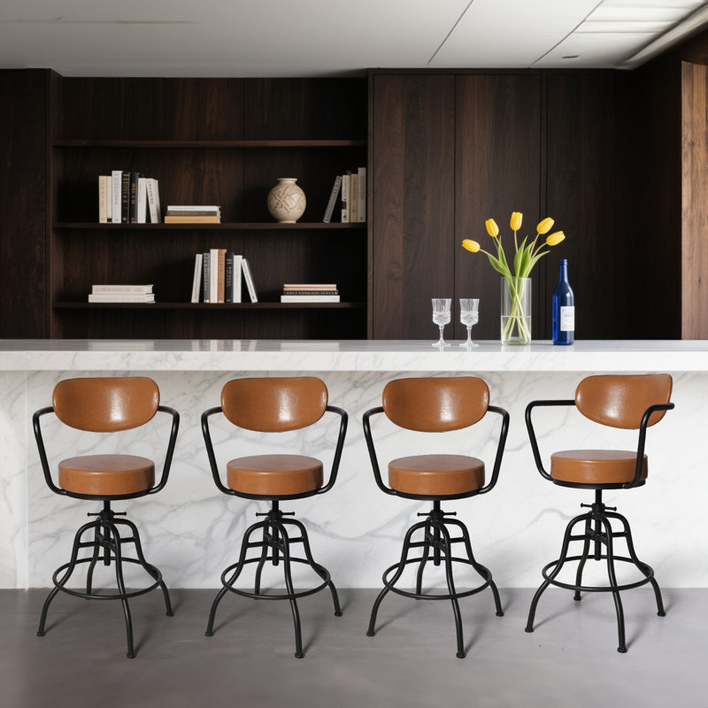 Industrial Bar Stool With Leather Backrest And Cushions 21.7-25.6Inch Height Adjustable Rustic Swivel Office Chairs Vintage Pub Stools For Kitchen Island Dining Room Living Room