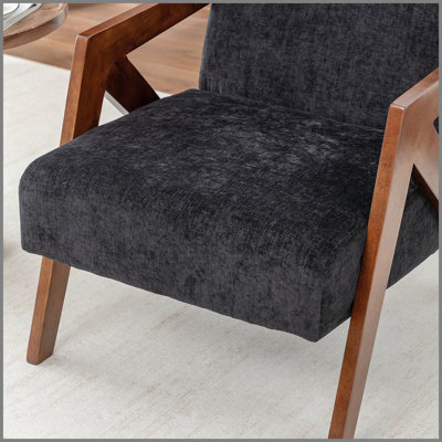 Fauteuil d'appoint Mid-Century moderne avec structure en bois, fauteuil de lecture rembourré avec tissu en lin doux, fauteuil d'appoint pour le salon, la chambre à coucher, facile à assembler