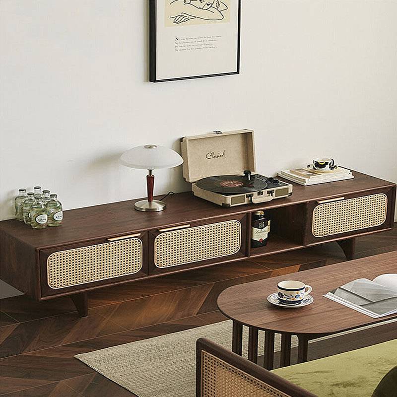 Meuble télé moderne et simple avec rangement en rotin, H 17,72 po x L 70,87 po x l 15,75 po