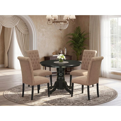 L'ensemble de mobilier de salle à manger 5 pièces comprend une table de cuisine ronde avec piédestal et 4 chaises de salle à manger Parson en tissu de sable sable, 42 po x 42 po, noir