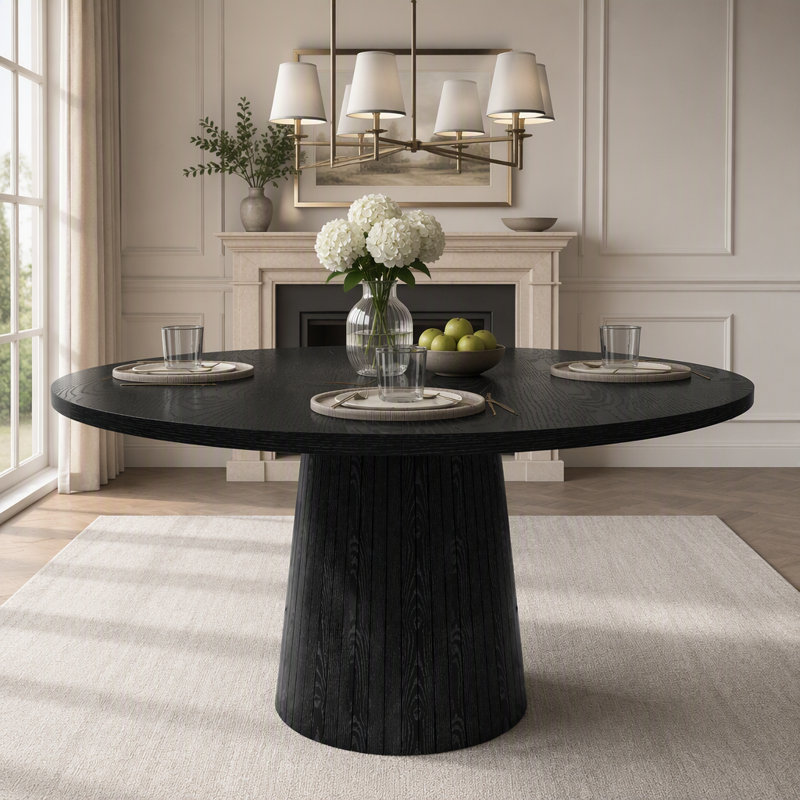 Table de salle à manger ronde en panneau de fibres à densité moyenne pour 4 personnes, table de cuisine de style campagne moderne avec base en bois, table ronde au fini noir pour la cuisine et le salon