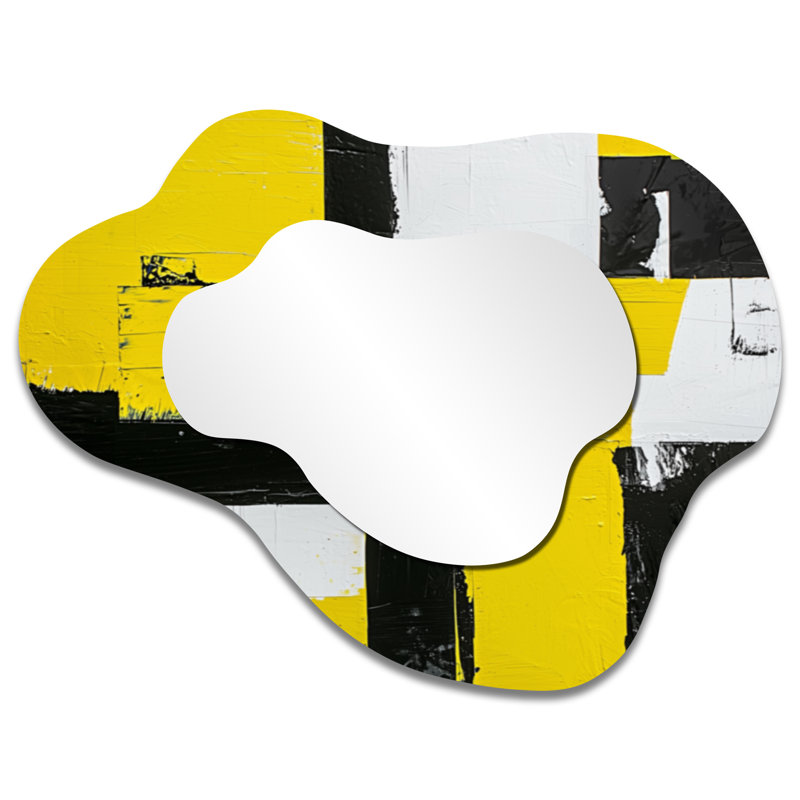 Miroir mural Modern Cloud - Pulse géométrique de peinture jaune et noire, imprimé sur métal, 27" x 35"