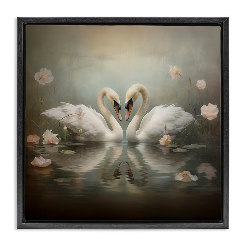 Cygnes romantiques dans un cadre flottant floral d'étang, design par Arlington Prints, Cadre flottant noir de jais