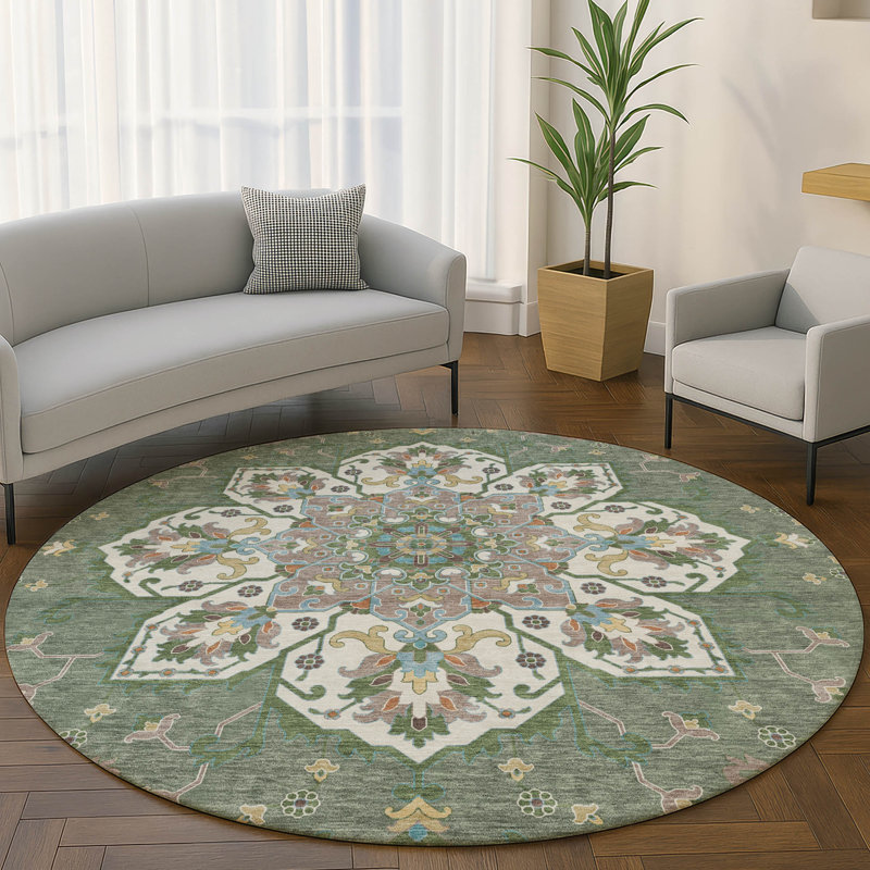 Premium Machine Washable Mayfield AMF2194 global Rug, 8' Round, Green