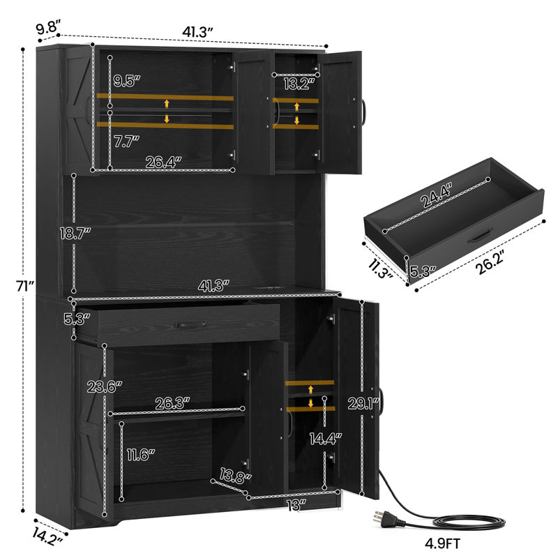 Garde-manger grande capacité 71 po avec station de charge, support pour micro-ondes et tablettes réglables 71 po, Noir
