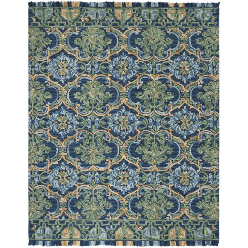 Jahiem Hand-Tufted Wool/Cotton Navy/Green Area Rug, Rectangle 8' x 10'