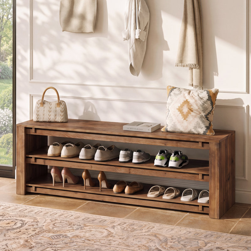 Banc en bois massif de 160 cm, banc à chaussures d'entrée avec rangement