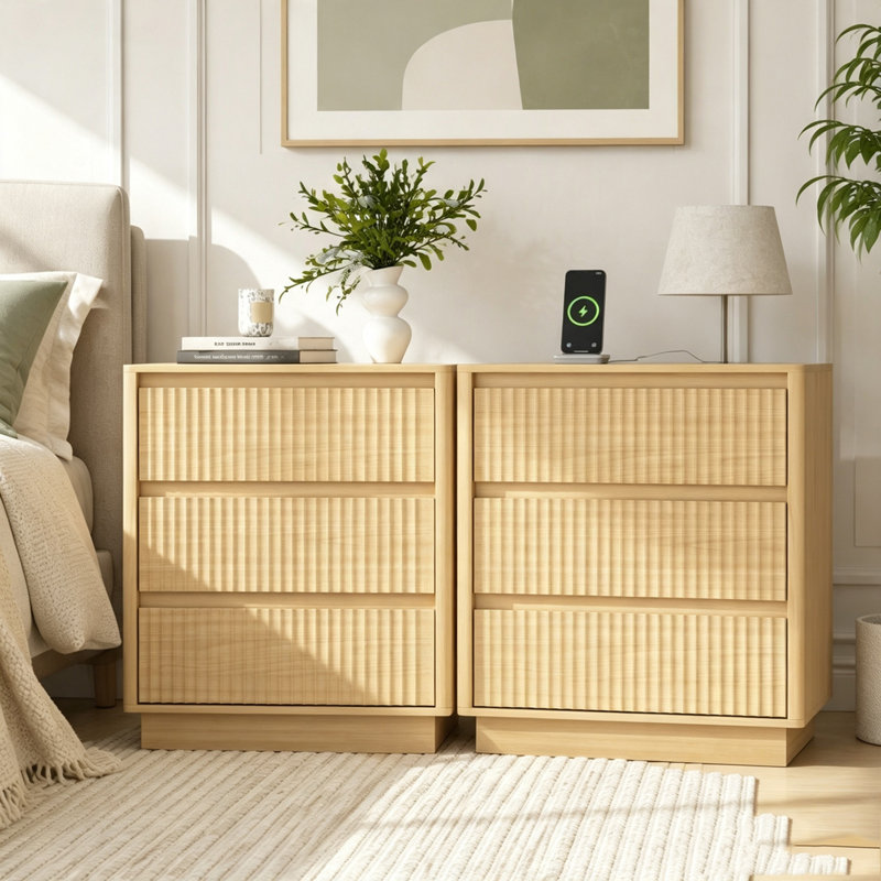 Ensemble de 2 tables de bout avec station de charge USB-C rapide, Natural
