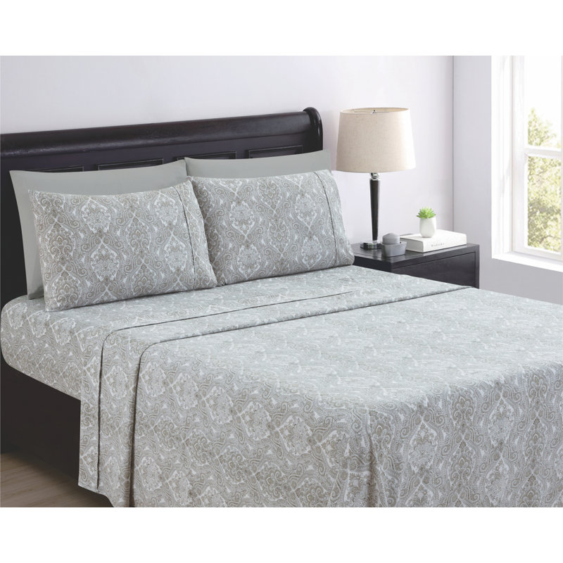 Percale Paisley Sheet Set, Full Sheet Set + 1 Fitted Sheet + 2 Pillowcases, Light Gray