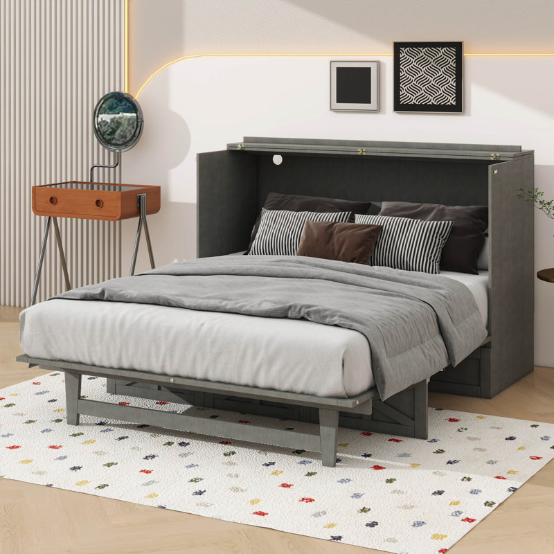 Lit escamotable pratique avec rangement généreux à tiroirs, Gris, Lit double