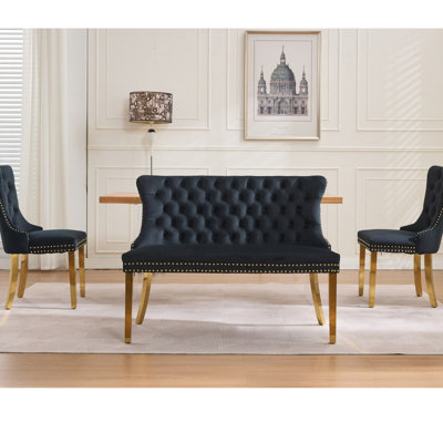 Banc en velours pour causeuse double pour la salle à manger, sièges de cuisine et de salle à manger, banc capitonné à 2 places avec boutons faits à la main, dossier à oreilles, pieds en acier plaqué or, style Mid-Century moderne, paquet simple, noir, SW1602BK