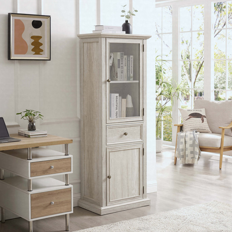 Grande armoire de rangement moderne avec portes en verre, tablettes et tiroir - Buffet autoportant polyvalent, Blanc