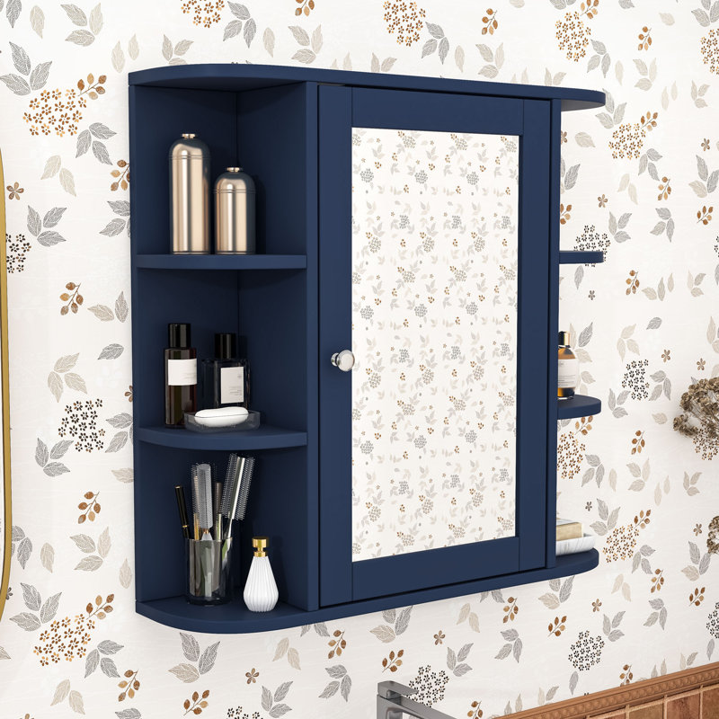 Armoire à pharmacie murale avec miroir, tablettes réglables et 6 cubes latéraux ouverts, Bleu