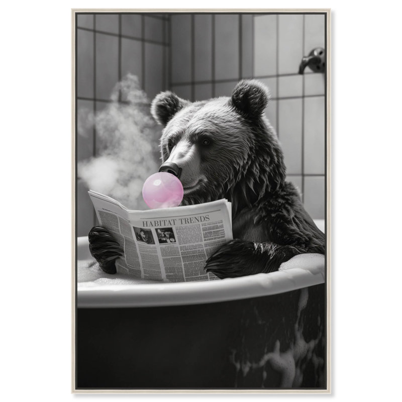 Ours de bain fumant Art Remedy, H 55 po x l 37 po, Encadrement argenté