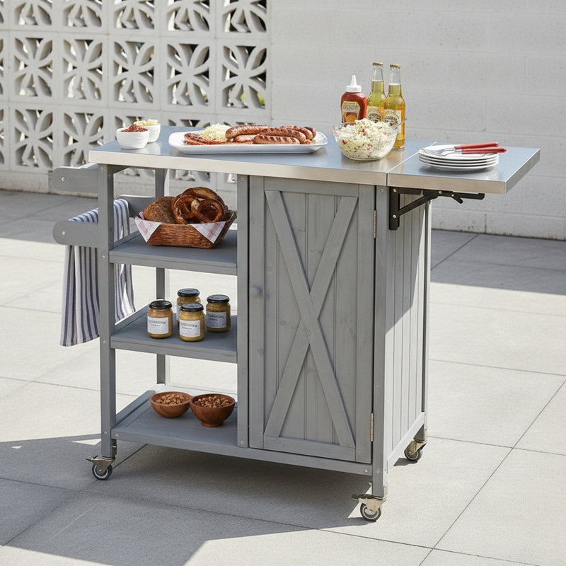Foldable Outdoor Kitchen Island With Lockable Wheels And Towel Rack, Gray