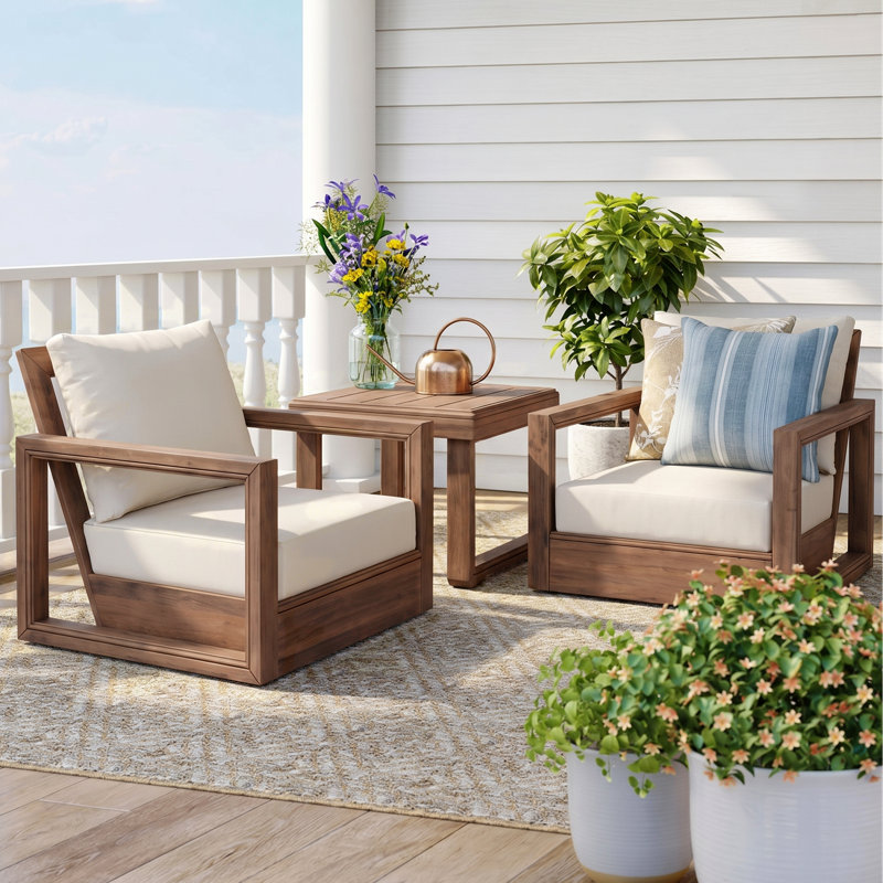 Ensemble de conversation d'extérieur en bois d'acacia pour 2 personnes Donnie avec chaises pivotantes et coussins hydrofuges