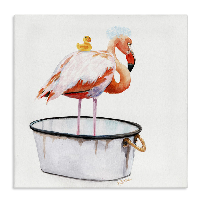 «Flamingo Bath Time» par Jennifer Redstreake - Reproduction d'art, H 17 po x l 17 po
