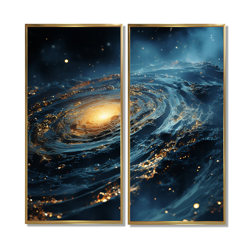 Glorying Galaxy Black Hole - Décoration murale moderne 2 panneaux, H 32 po x l 32 po, Impression encadrée flottante, Doré