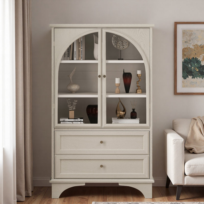 Armoire de rangement vitrée avec 2 tiroirs et tablettes réglables, Blanc rétro