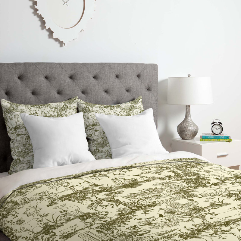 Rachelle Roberts Polyester Toile Duvet Cover, King Duvet Cover + 2 King Pillowcases, Green/White
