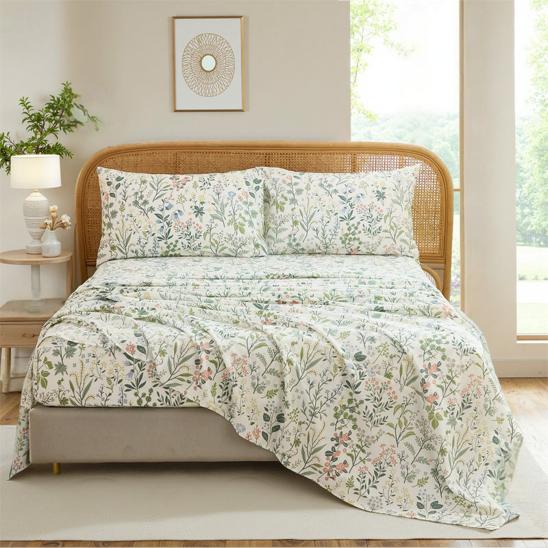 100% Cotton Sheet Set Queen Size – 4-Piece Chic Garden Floral Bedding Set, Soft Breathable Percale Weave, Deep Pocket Fitted Sheet 17.5", Crisp Cool Feel, Refined Botanical Elegance