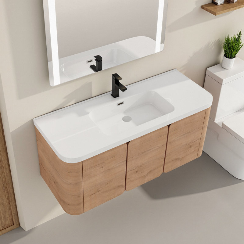 Meuble-lavabo mural moderne 48 po avec portes à fermeture en douceur et lavabo en résine - chêne imitation