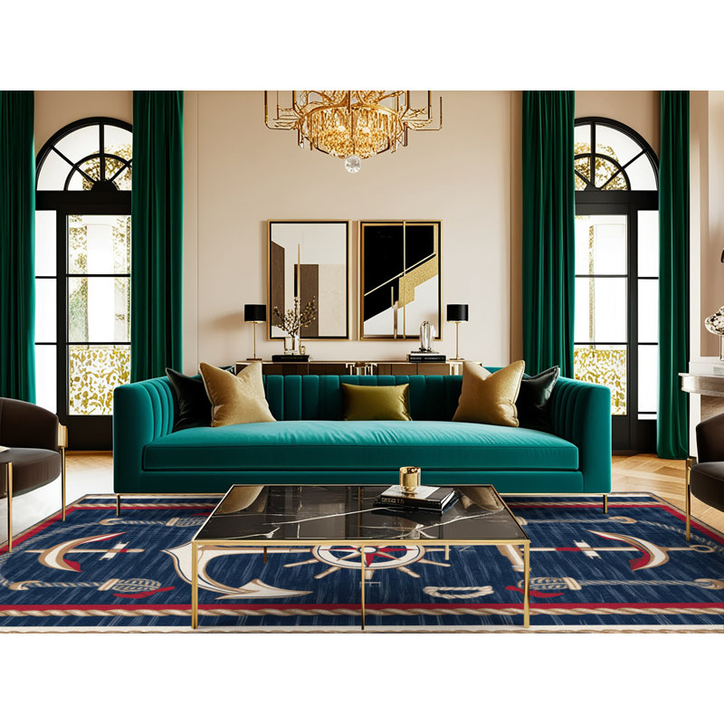 Washable Modern Maritime Nautical Area Rug, Round 7'