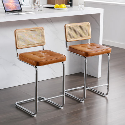 Ambrine Low Back Tufted Leather Upholstered 25.6" Counter Stool with Rattan Back and Chrome Steel Sled Frame