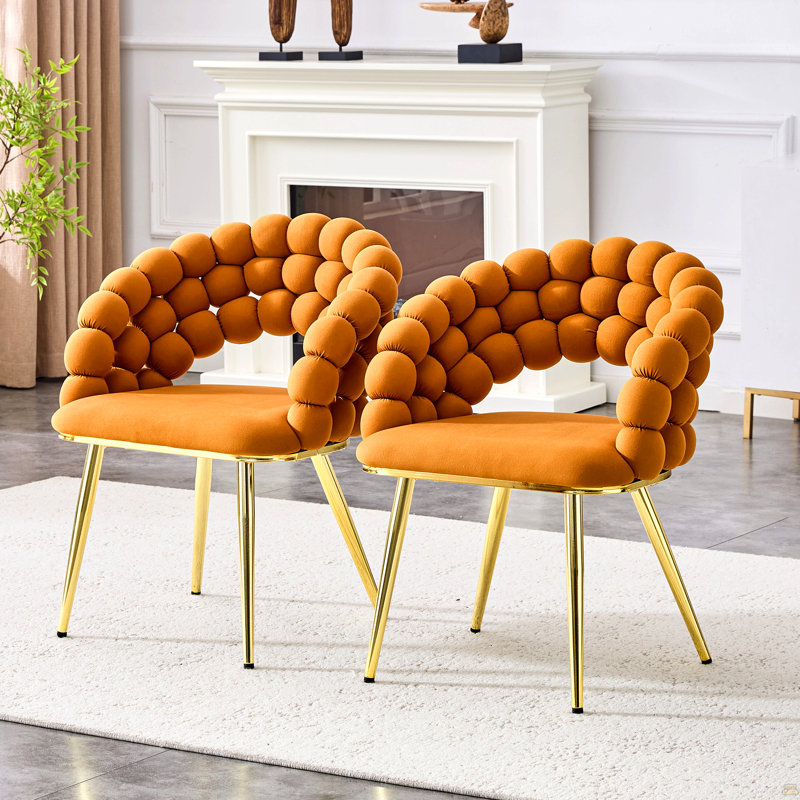 Ensemble de 2 chaises de salle à manger en velours avec chaînes et boules plaquées or, Orange, Doré