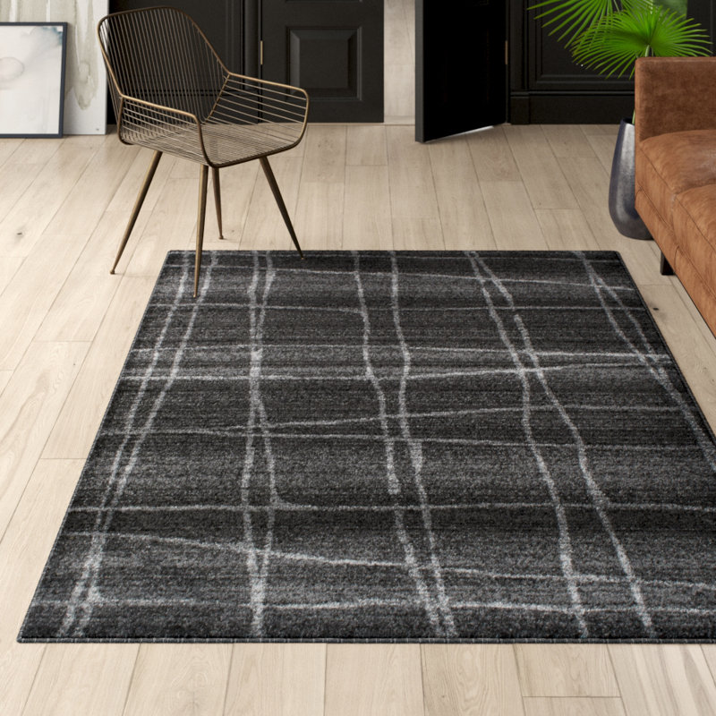 Tapis gris tissé à la machine Plaid, Rectangle 7 pi 6 po x 9 pi 6 po