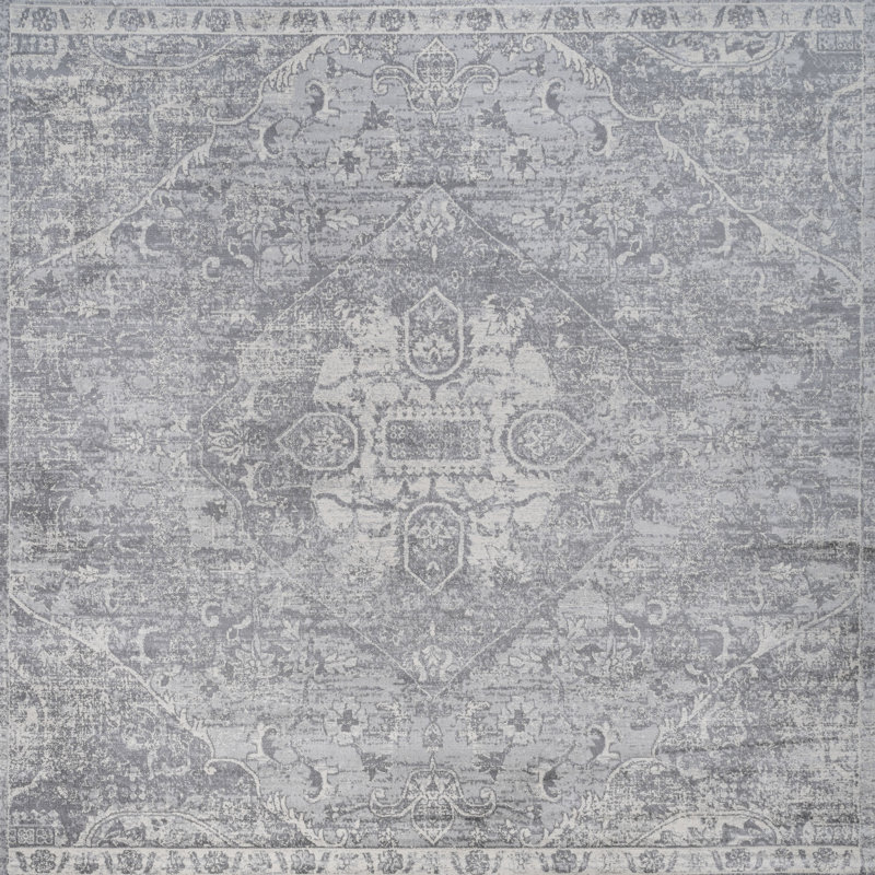 Modern Persian Vintage Medallion Gray Rug, Square 6'7"