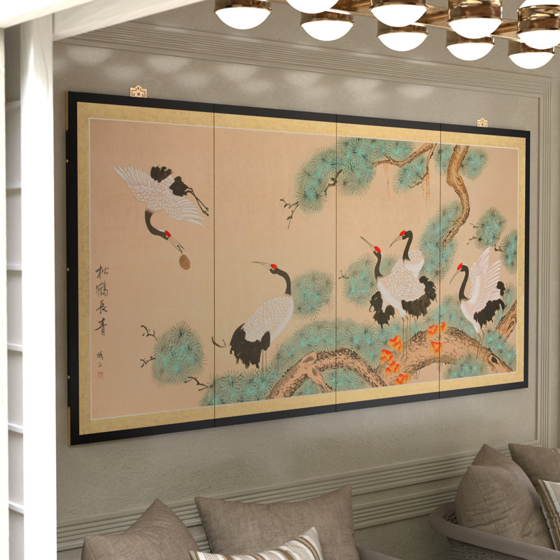 Red Crowned Cranes Handpainted Silk Screen, Cranes