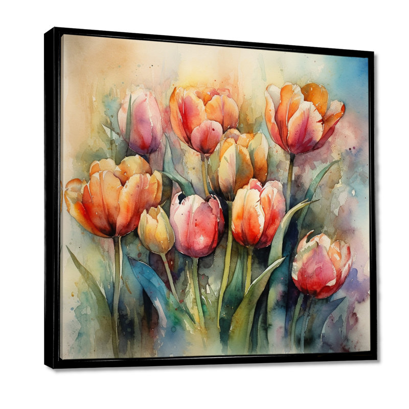 Orange Serenade de tulipes - art mural de tulipe pour le salon, Cadre flottant noir, 44" H x 44" W