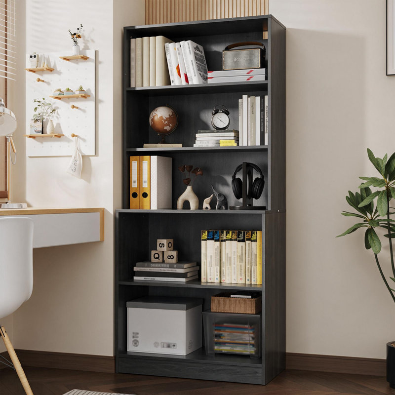 5 Tier Book Shelf,  71" H Large Bookcase, Standing Wood Display Book Shelf For Living Room, Office, Library, Black