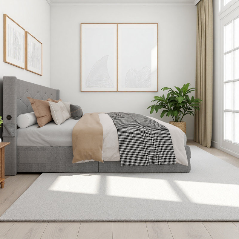 Cadre avec lit de rangement à vérin à gaz avec tête de lit moderne à oreilles, ports USB, Grand lit, Gris clair