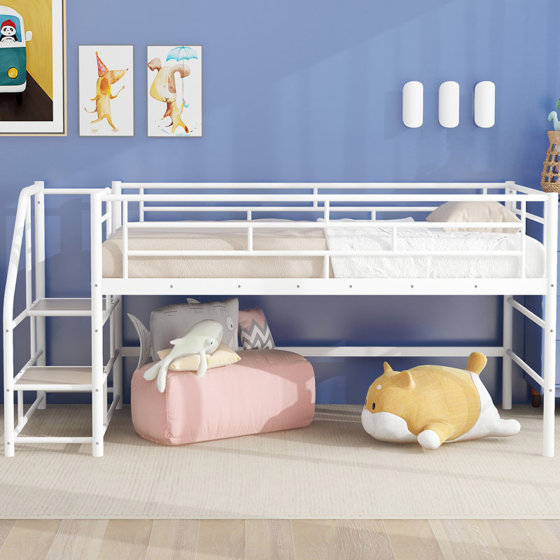 Black Twin MDF Metal Loft Bed With Storage Stairs And Sturdy Frame, Black