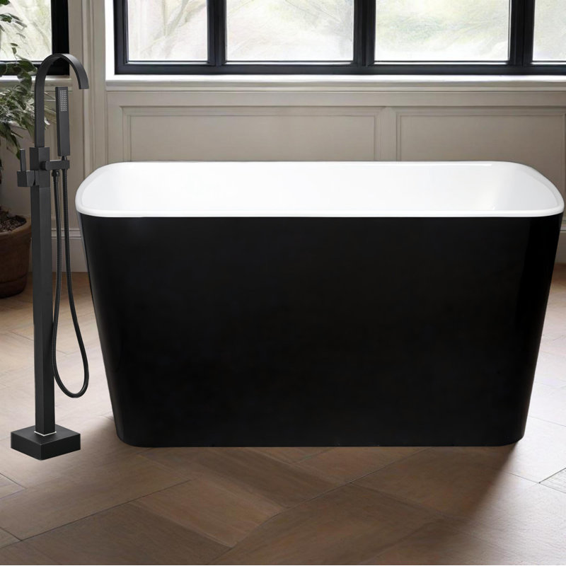 49'' Acrylic Freestanding Soaking Bathtub, Square-shape Japanese Soaking Hot Tub with Chrome Overflow and Drain, Glossy Black