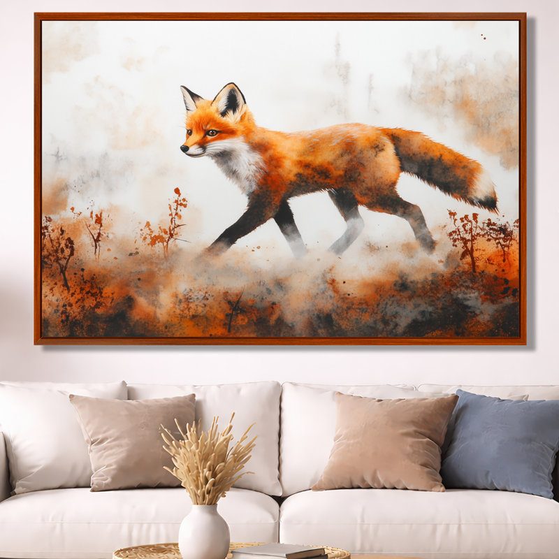 Art mural renard, toile de forêt d'automne, petit renard, H 40 po x l 60 po, Cadre flottant brun