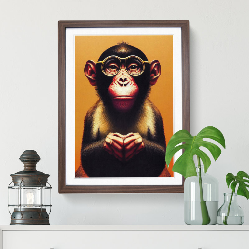 Monkey In Glasses No.2 - Framed Print, 46cm H x 34cm W, Brown