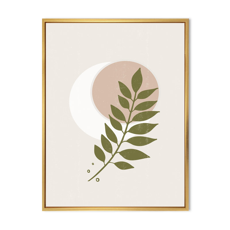 Lune géométrique abstraite avec feuille IV - impression sur toile, H 20 po x l 12 po x p 1 po, Toile encadrée d'or