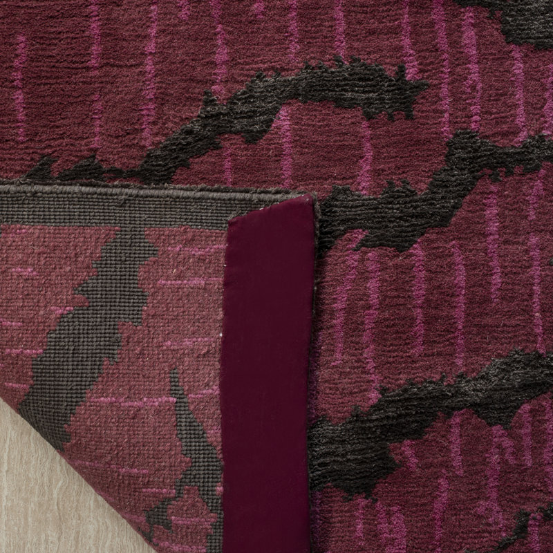 Hand-Knotted Raspberry and Coffee Wool Silk Rug, 6' x 9'