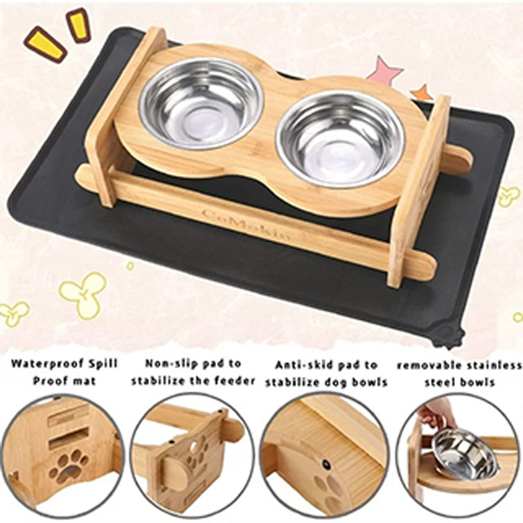 Raised Dog Bowls Stand for Small to Medium Dogs, Bamboo Elevated Dog Food  and Water Bowls Feeder Holder 5 tall with mat Bamboo