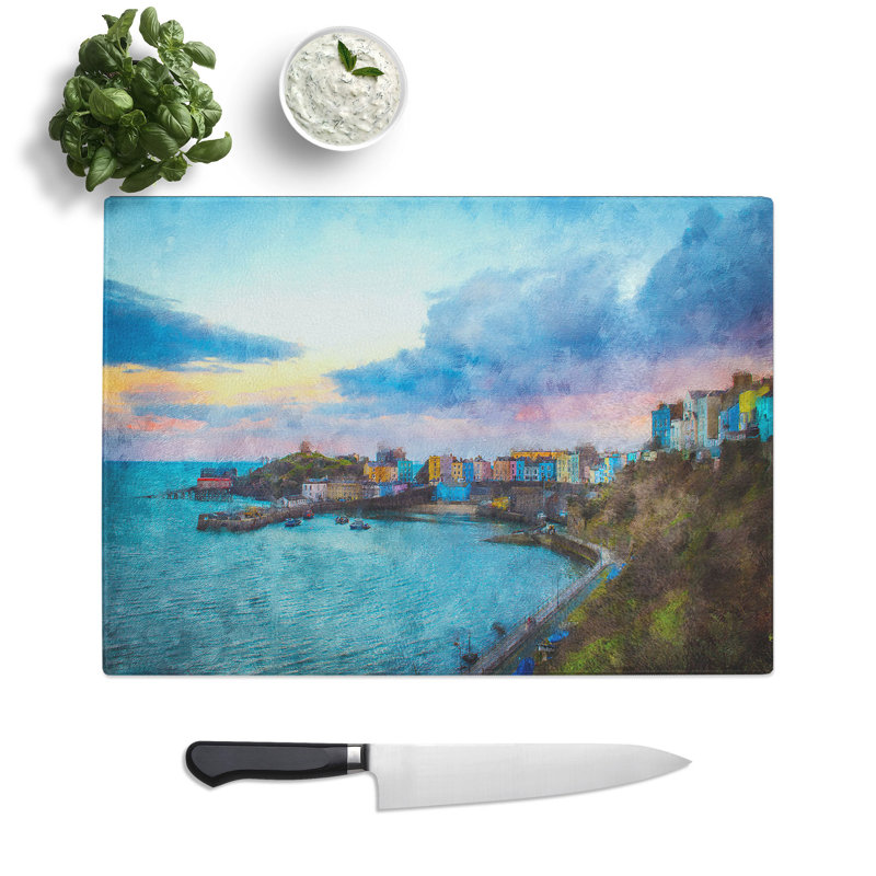 Tempered Glass Tenby Harbour in Pembrokeshire Wales Chopping Board, 28.5 cm x 39 cm