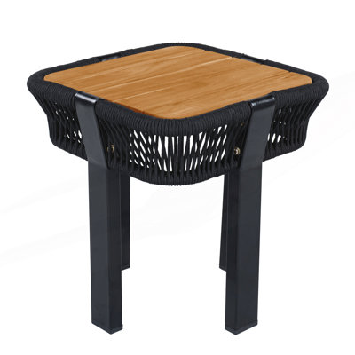 Table d'appoint carrée pour terrasse ou patio, avec structure en corde et métal.
