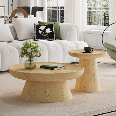 Set Of 2 Round Natural Wood Coffee Tables, Solid Wood Base Nesting Coffee Table Set For Living Room