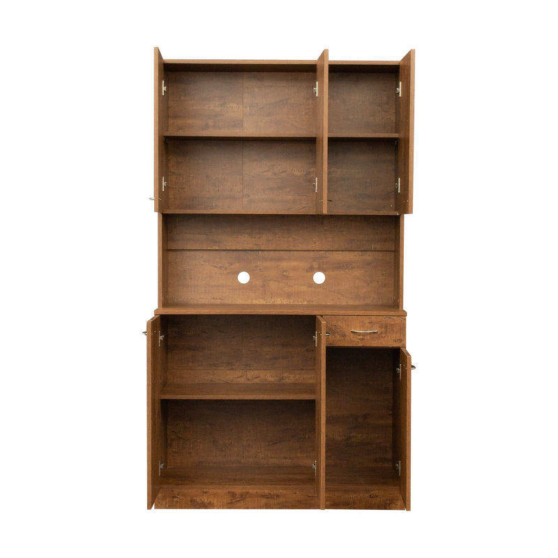 Tall Wardrobe& Kitchen Cabinet, with 6-Doors, 1-Open Shelves and 1-Drawer, Walnut